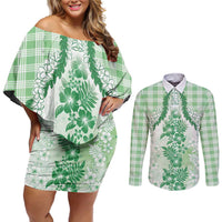 Aloha Hawaii Palaka Couples Matching Off Shoulder Short Dress and Long Sleeve Button Shirt Green Plumeria Lei LT05 Green - Polynesian Pride
