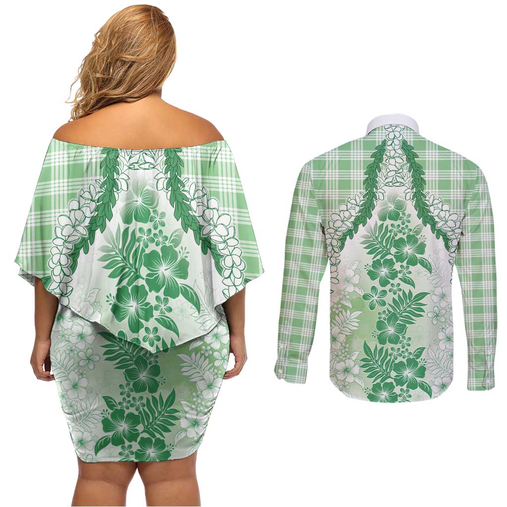Aloha Hawaii Palaka Couples Matching Off Shoulder Short Dress and Long Sleeve Button Shirt Green Plumeria Lei LT05 - Polynesian Pride