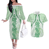 Aloha Hawaii Palaka Couples Matching Off The Shoulder Long Sleeve Dress and Hawaiian Shirt Green Plumeria Lei LT05 Green - Polynesian Pride
