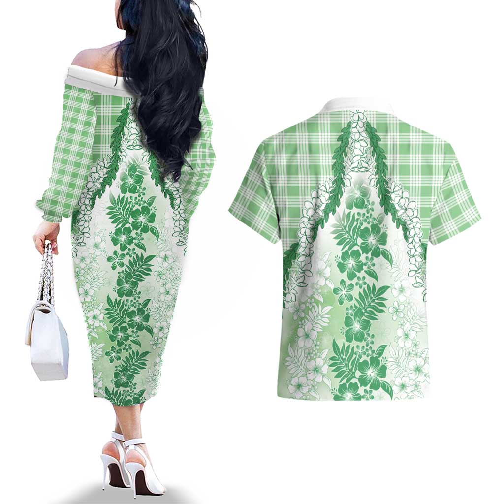 Aloha Hawaii Palaka Couples Matching Off The Shoulder Long Sleeve Dress and Hawaiian Shirt Green Plumeria Lei LT05 - Polynesian Pride