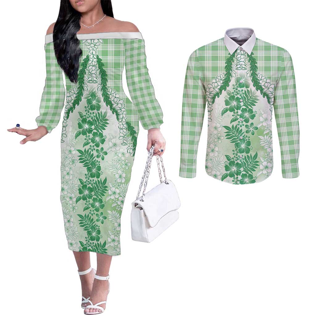 Aloha Hawaii Palaka Couples Matching Off The Shoulder Long Sleeve Dress and Long Sleeve Button Shirt Green Plumeria Lei LT05 Green - Polynesian Pride