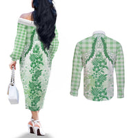 Aloha Hawaii Palaka Couples Matching Off The Shoulder Long Sleeve Dress and Long Sleeve Button Shirt Green Plumeria Lei LT05 - Polynesian Pride