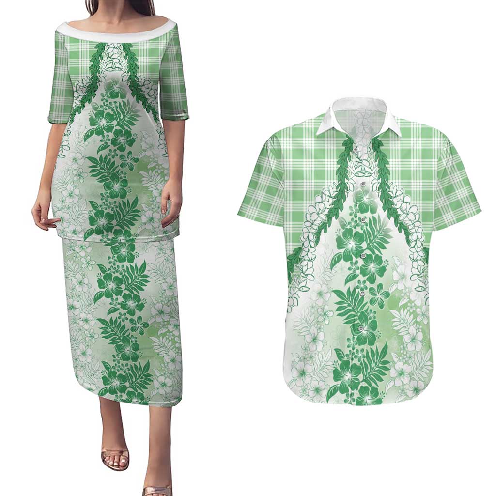 Aloha Hawaii Palaka Couples Matching Puletasi and Hawaiian Shirt Green Plumeria Lei LT05 Green - Polynesian Pride