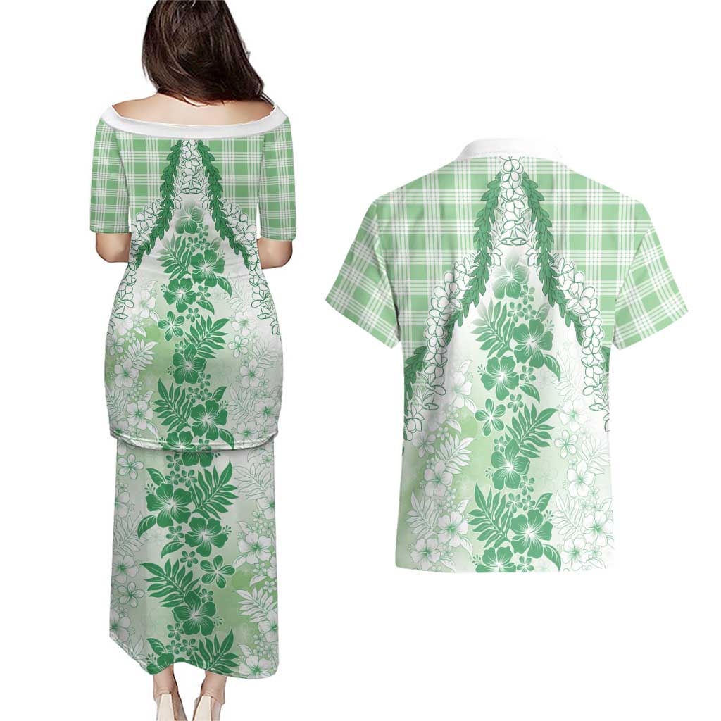 Aloha Hawaii Palaka Couples Matching Puletasi and Hawaiian Shirt Green Plumeria Lei LT05 - Polynesian Pride