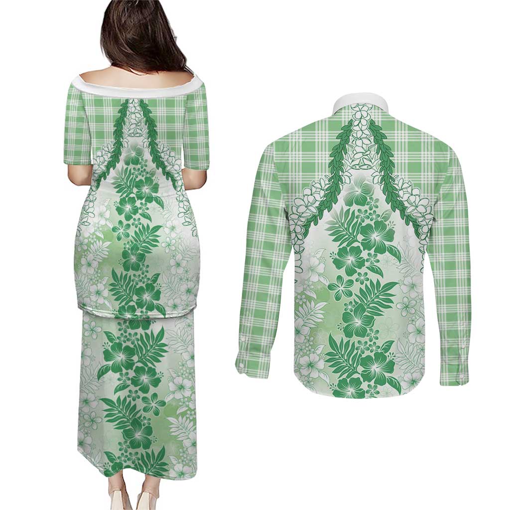 Aloha Hawaii Palaka Couples Matching Puletasi and Long Sleeve Button Shirt Green Plumeria Lei - Polynesian Pride