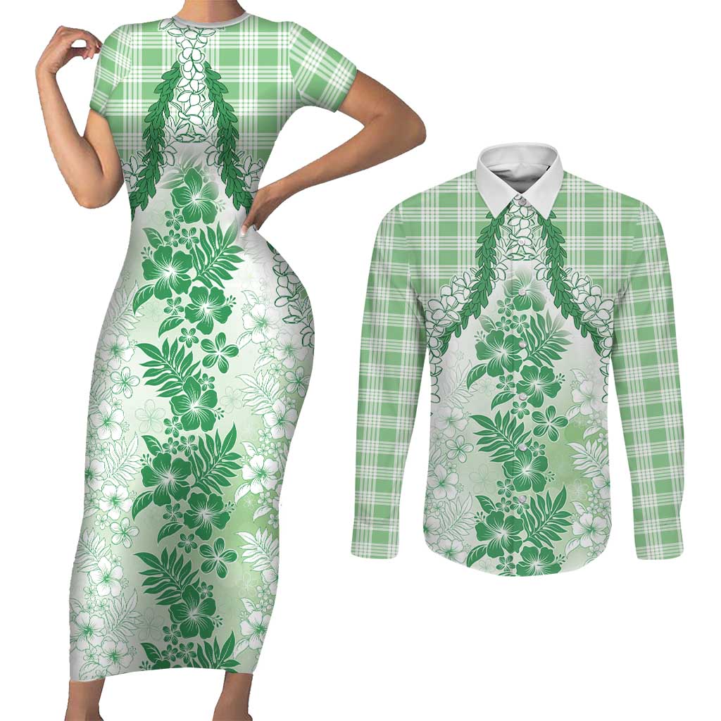 Aloha Hawaii Palaka Couples Matching Short Sleeve Bodycon Dress and Long Sleeve Button Shirt Green Plumeria Lei - Polynesian Pride