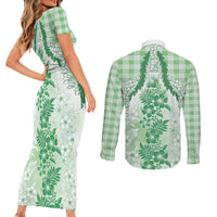 Aloha Hawaii Palaka Couples Matching Short Sleeve Bodycon Dress and Long Sleeve Button Shirt Green Plumeria Lei LT05 - Polynesian Pride
