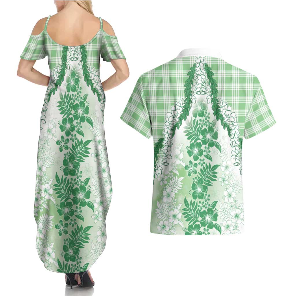 Aloha Hawaii Palaka Couples Matching Summer Maxi Dress and Hawaiian Shirt Green Plumeria Lei LT05 - Polynesian Pride