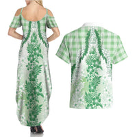Aloha Hawaii Palaka Couples Matching Summer Maxi Dress and Hawaiian Shirt Green Plumeria Lei LT05 - Polynesian Pride