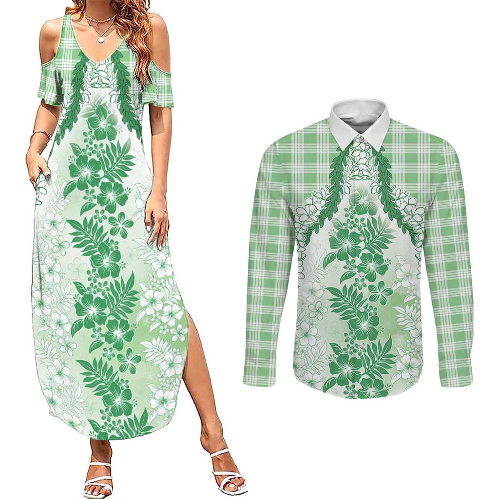 Aloha Hawaii Palaka Couples Matching Summer Maxi Dress and Long Sleeve Button Shirt Green Plumeria Lei LT05 Green - Polynesian Pride