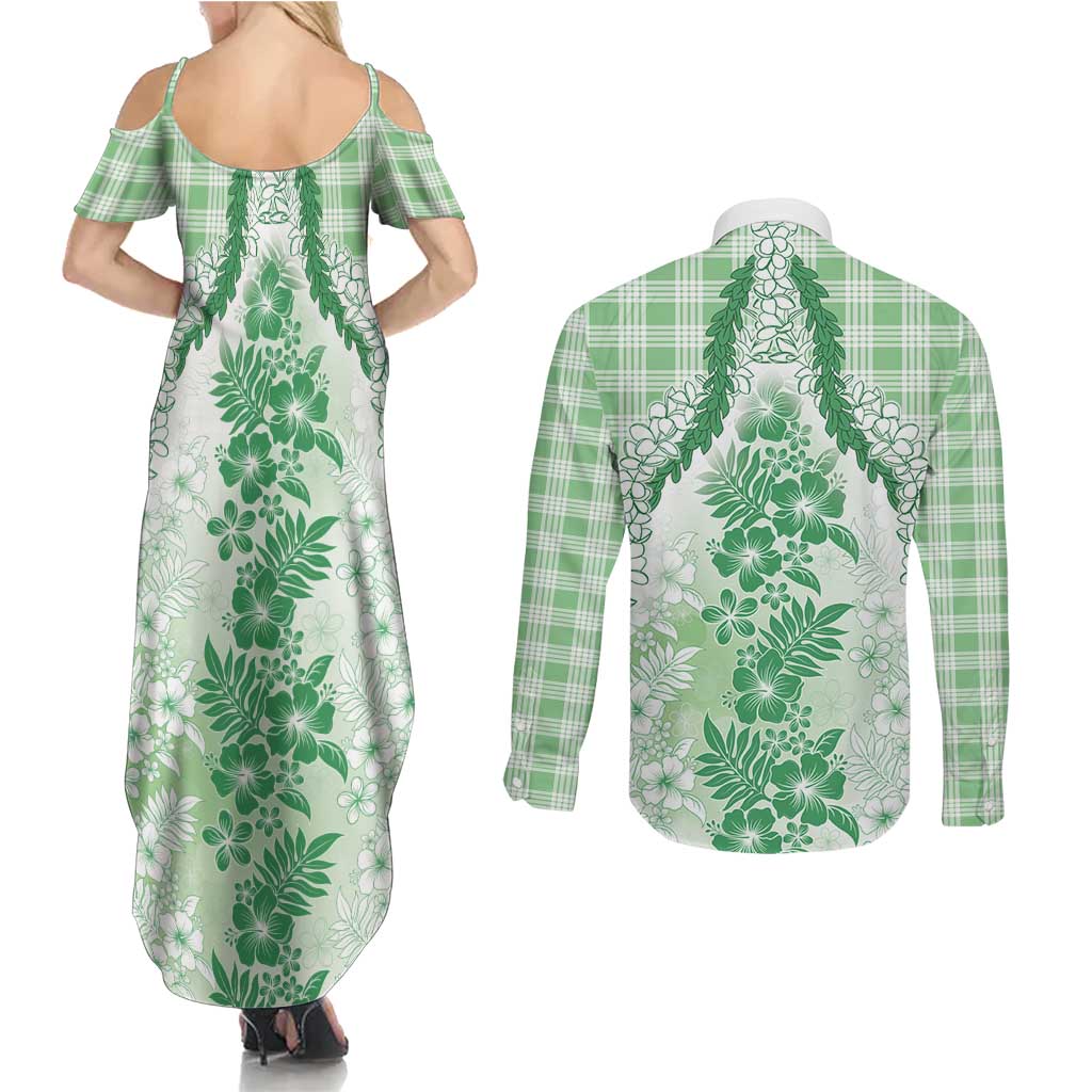 Aloha Hawaii Palaka Couples Matching Summer Maxi Dress and Long Sleeve Button Shirt Green Plumeria Lei LT05 - Polynesian Pride