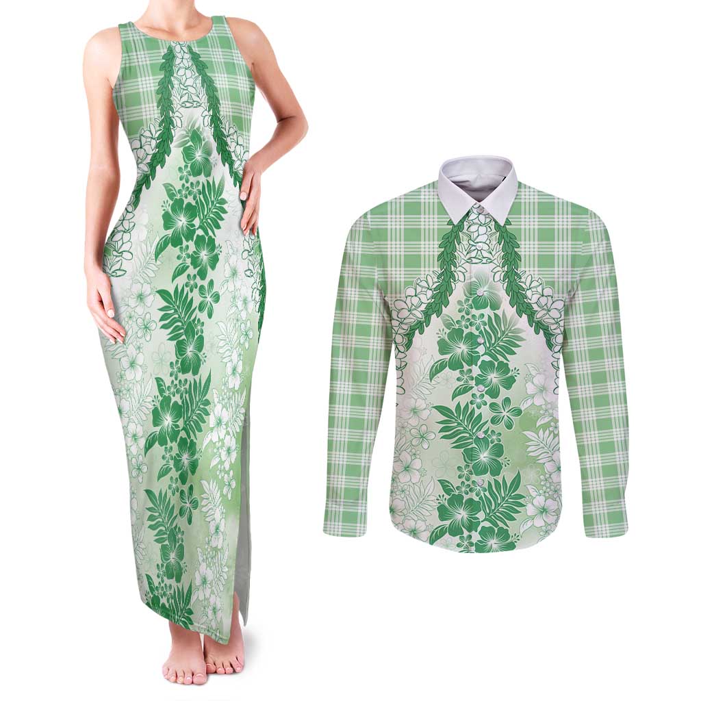 Aloha Hawaii Palaka Couples Matching Tank Maxi Dress and Long Sleeve Button Shirt Green Plumeria Lei LT05 Green - Polynesian Pride