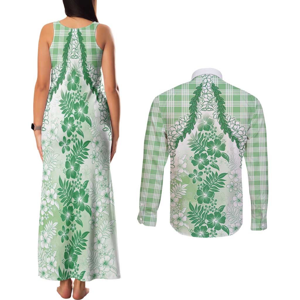 Aloha Hawaii Palaka Couples Matching Tank Maxi Dress and Long Sleeve Button Shirt Green Plumeria Lei LT05 - Polynesian Pride