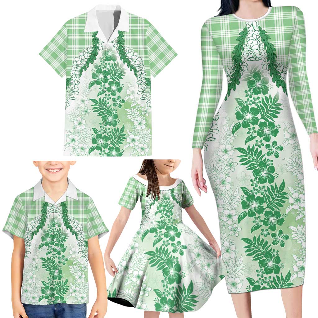 Aloha Hawaii Palaka Family Matching Long Sleeve Bodycon Dress and Hawaiian Shirt Green Plumeria Lei LT05 - Polynesian Pride