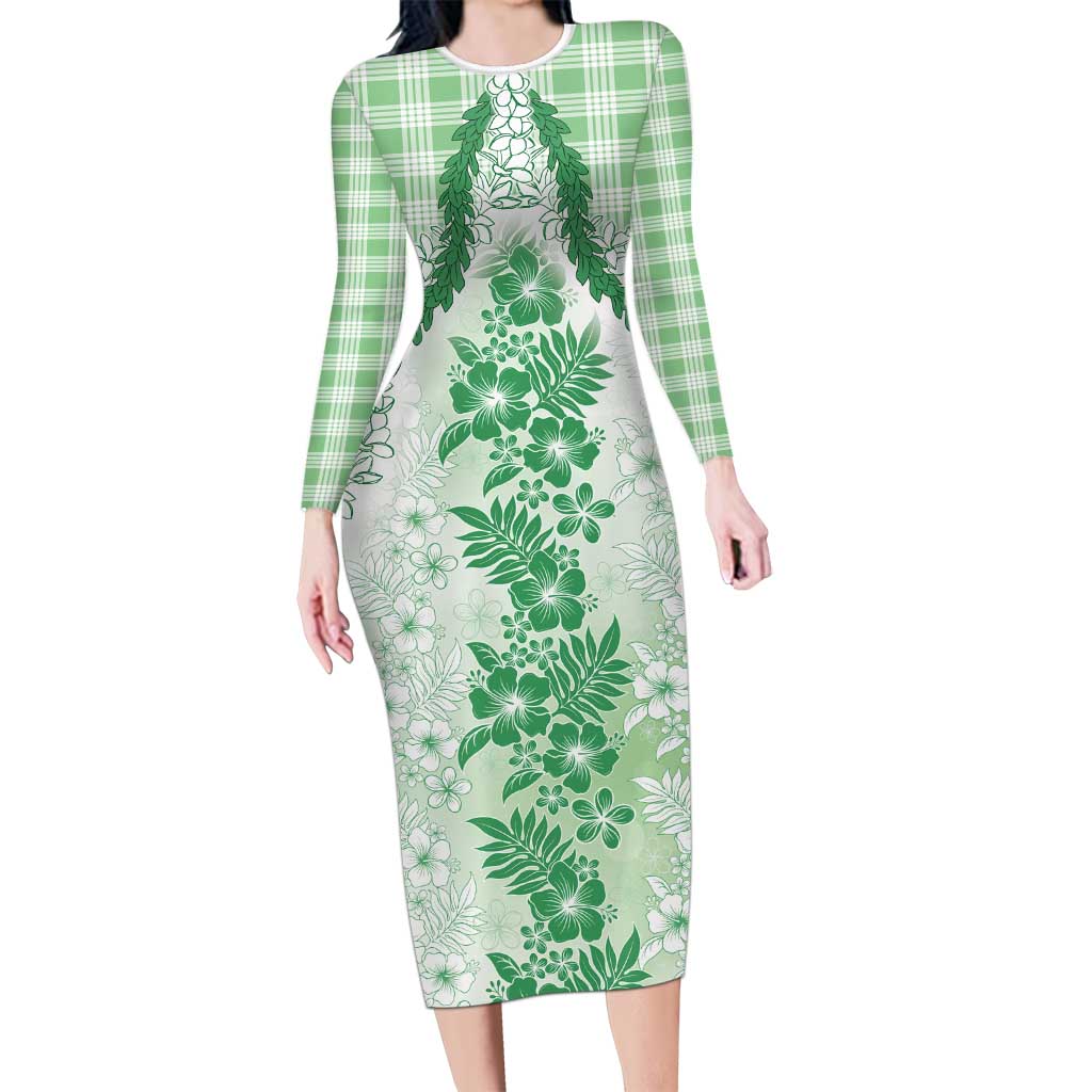 Aloha Hawaii Palaka Family Matching Long Sleeve Bodycon Dress and Hawaiian Shirt Green Plumeria Lei LT05 Mom's Dress Green - Polynesian Pride
