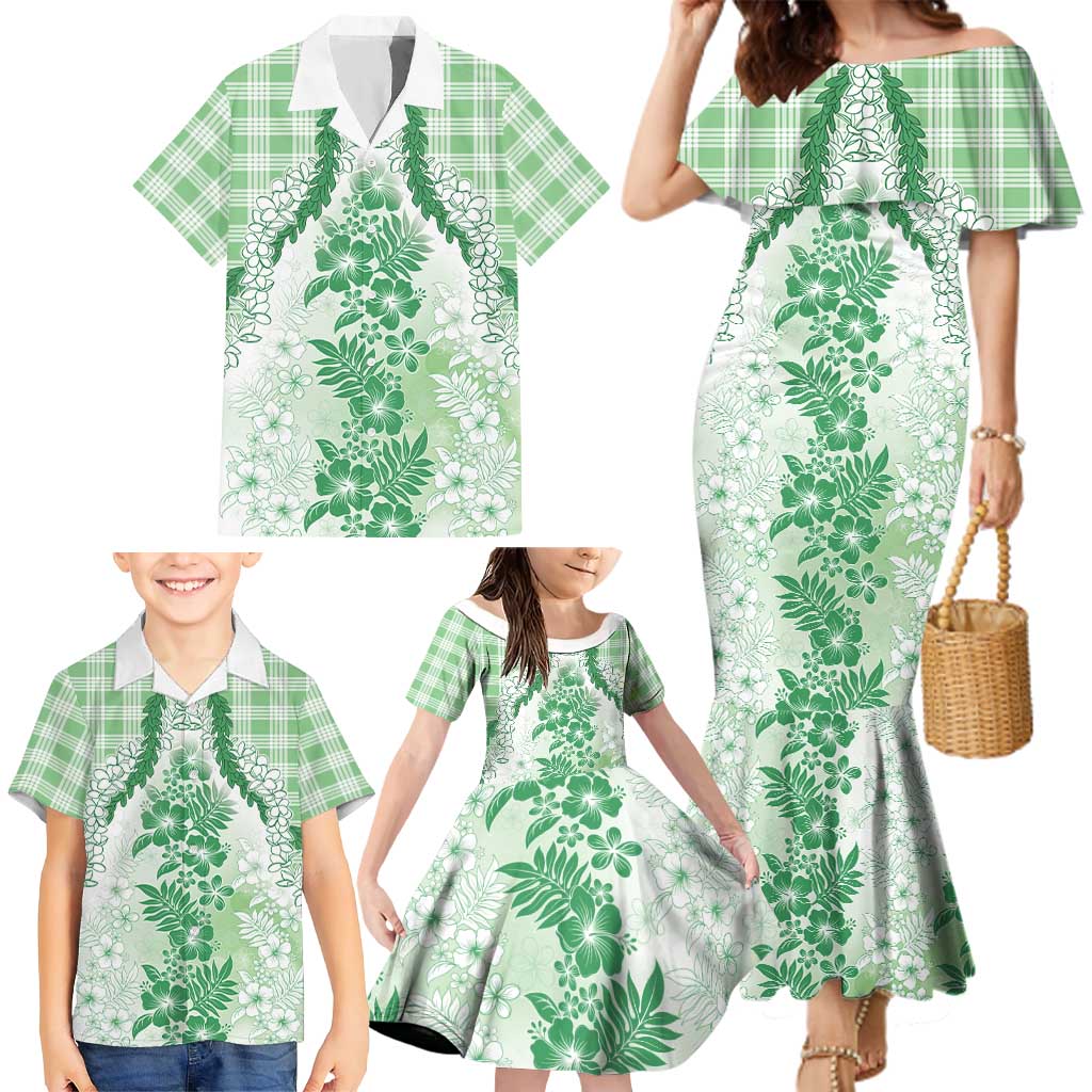 Aloha Hawaii Palaka Family Matching Mermaid Dress and Hawaiian Shirt Green Plumeria Lei LT05 - Polynesian Pride