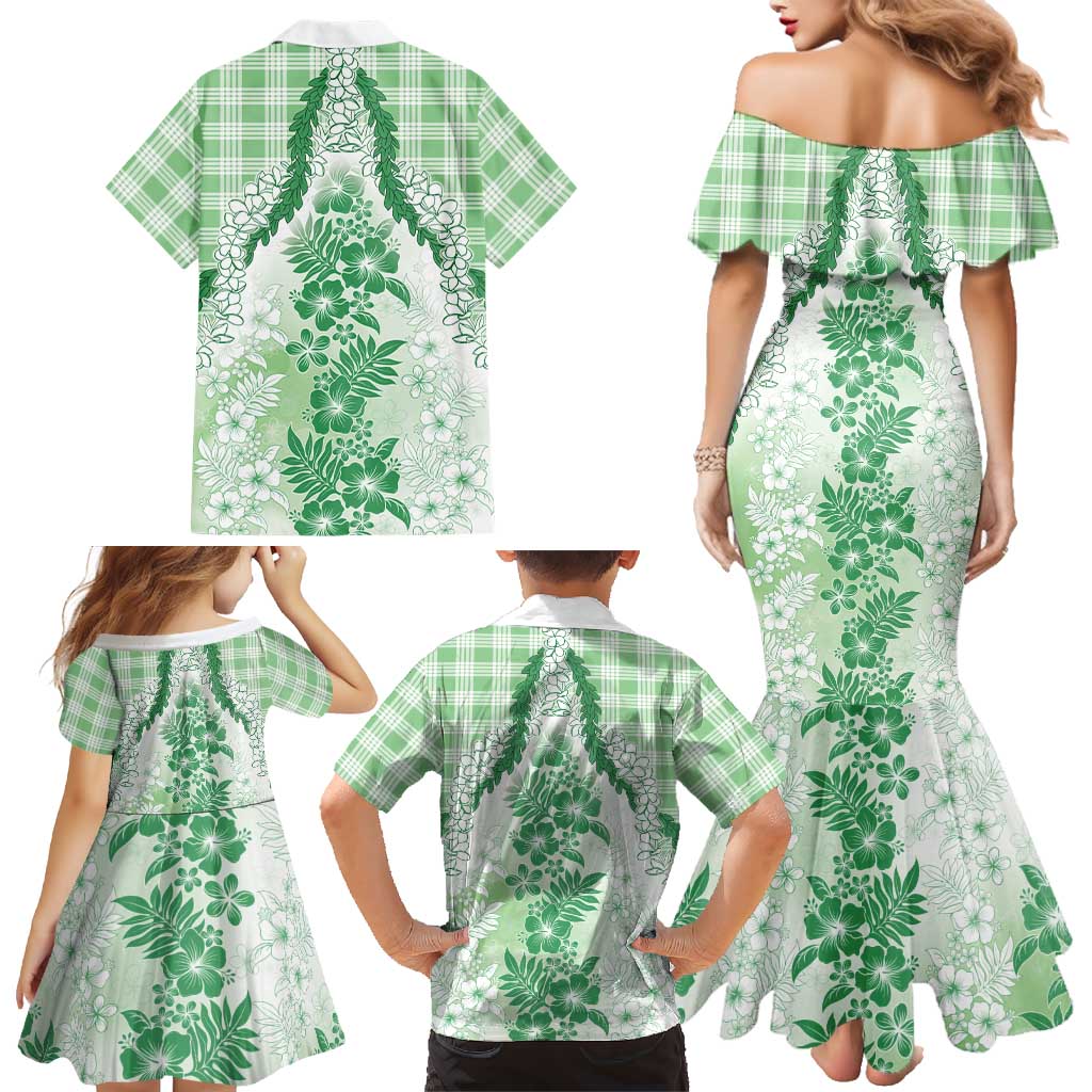 Aloha Hawaii Palaka Family Matching Mermaid Dress and Hawaiian Shirt Green Plumeria Lei LT05 - Polynesian Pride