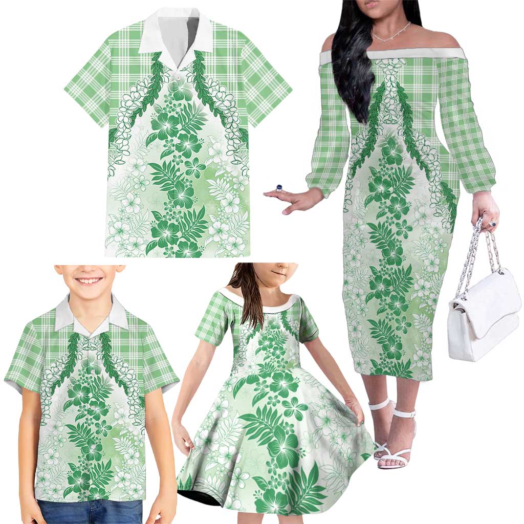 Aloha Hawaii Palaka Family Matching Off The Shoulder Long Sleeve Dress and Hawaiian Shirt Green Plumeria Lei LT05 - Polynesian Pride