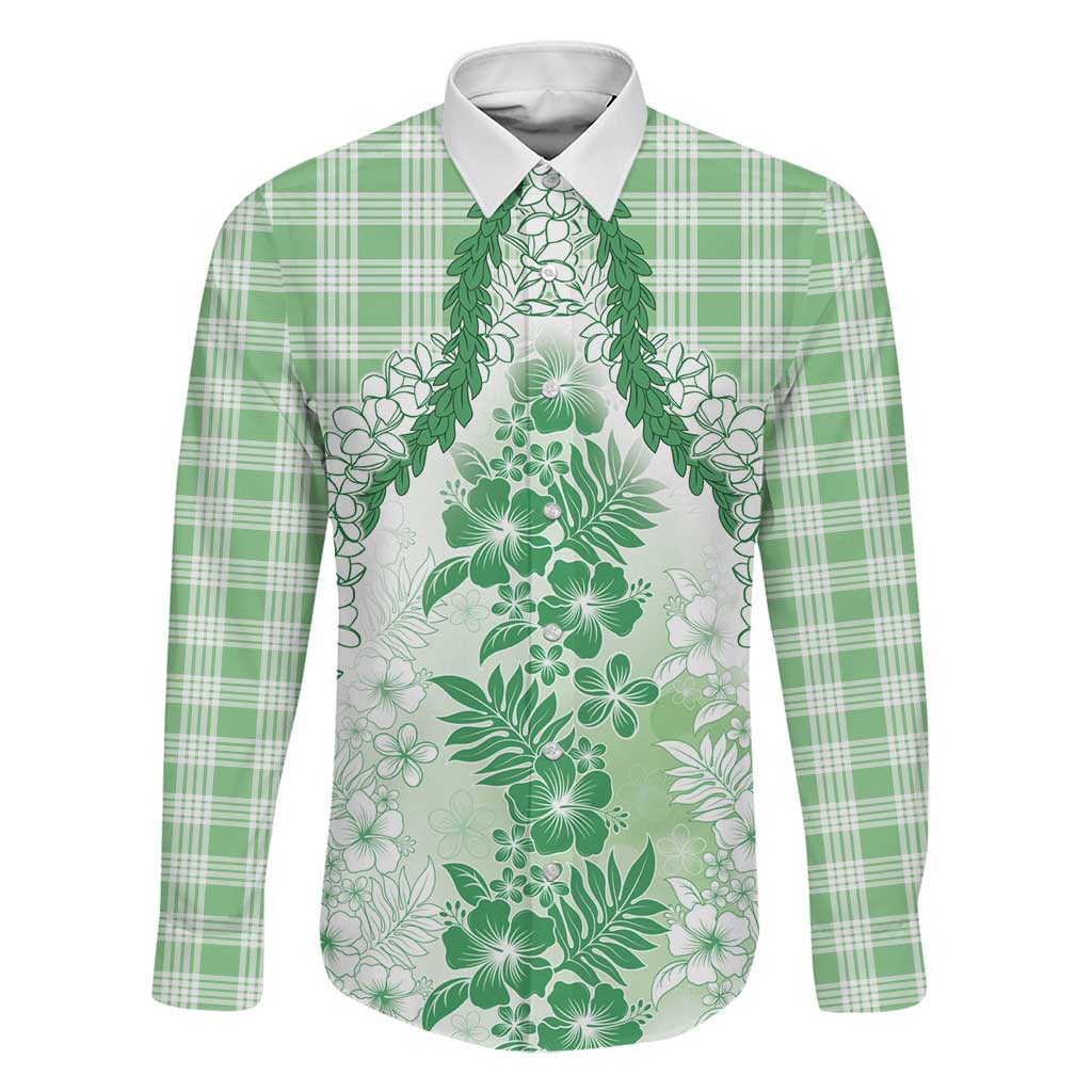 Aloha Hawaii Palaka Family Matching Off The Shoulder Long Sleeve Dress and Hawaiian Shirt Green Plumeria Lei LT05 Dad's Shirt - Long Sleeve Green - Polynesian Pride