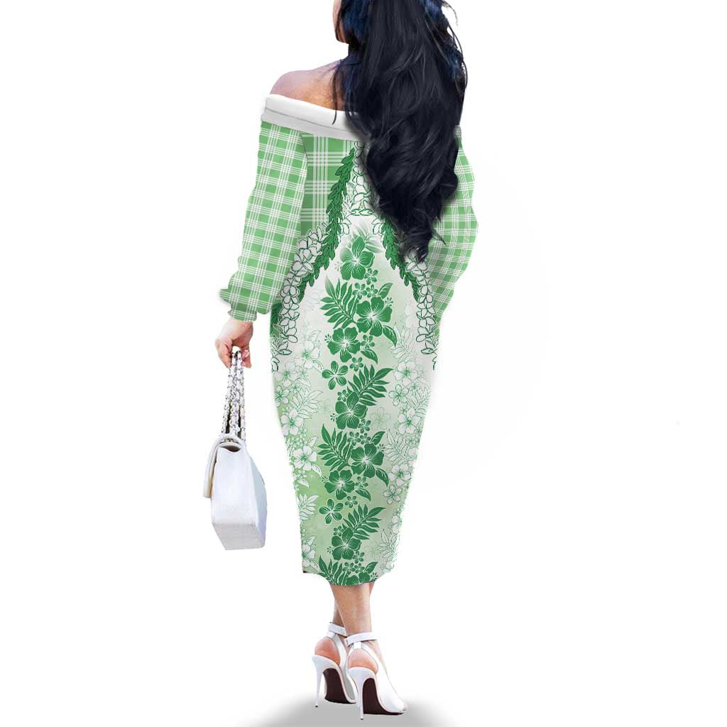 Aloha Hawaii Palaka Family Matching Off The Shoulder Long Sleeve Dress and Hawaiian Shirt Green Plumeria Lei LT05 - Polynesian Pride