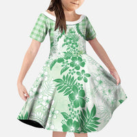 Aloha Hawaii Palaka Family Matching Off Shoulder Maxi Dress and Hawaiian Shirt Green Plumeria Lei LT05 Daughter's Dress Green - Polynesian Pride
