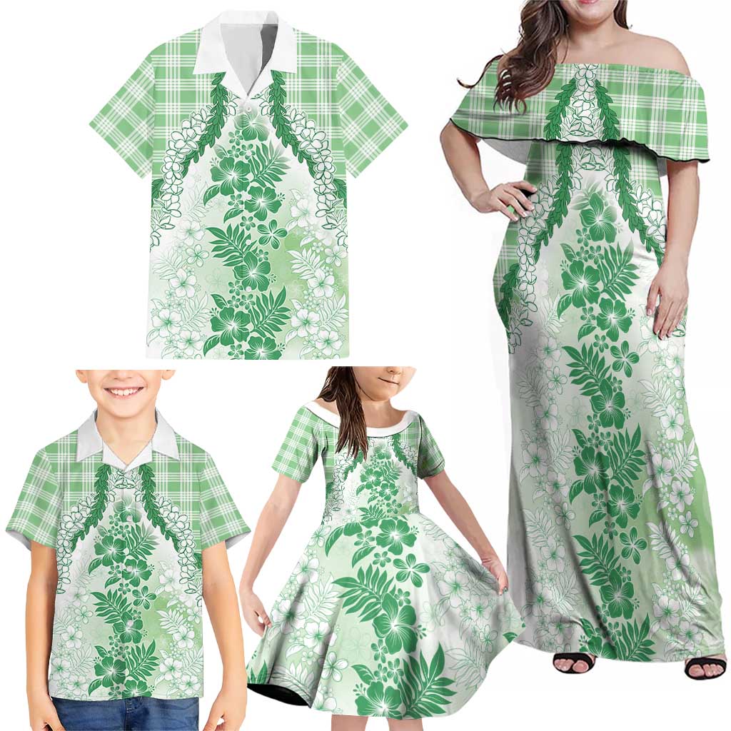 Aloha Hawaii Palaka Family Matching Off Shoulder Maxi Dress and Hawaiian Shirt Green Plumeria Lei LT05 - Polynesian Pride
