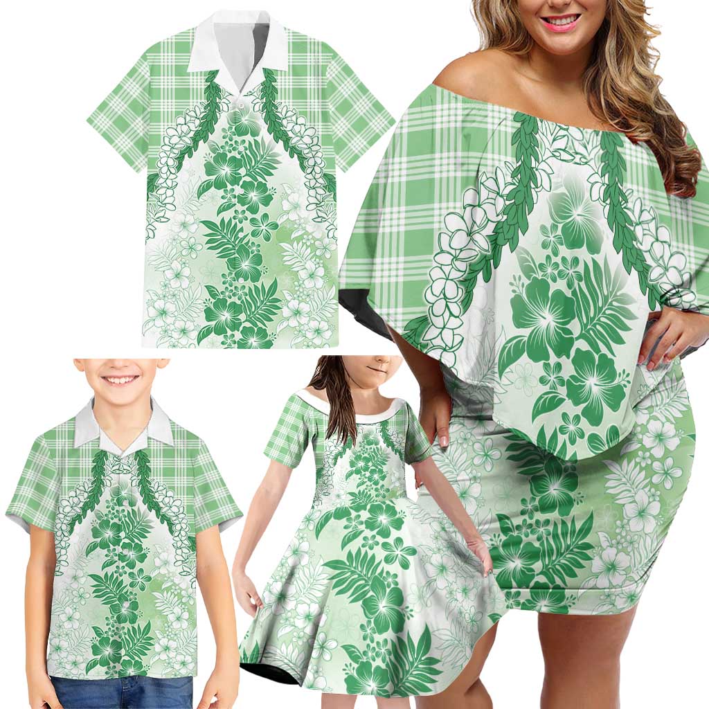 Aloha Hawaii Palaka Family Matching Off Shoulder Short Dress and Hawaiian Shirt Green Plumeria Lei LT05 - Polynesian Pride