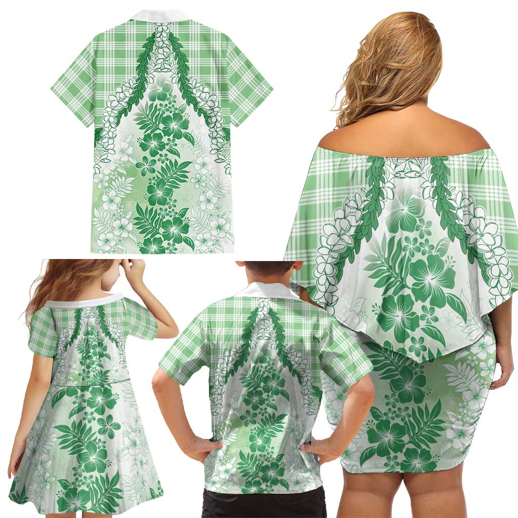 Aloha Hawaii Palaka Family Matching Off Shoulder Short Dress and Hawaiian Shirt Green Plumeria Lei LT05 - Polynesian Pride