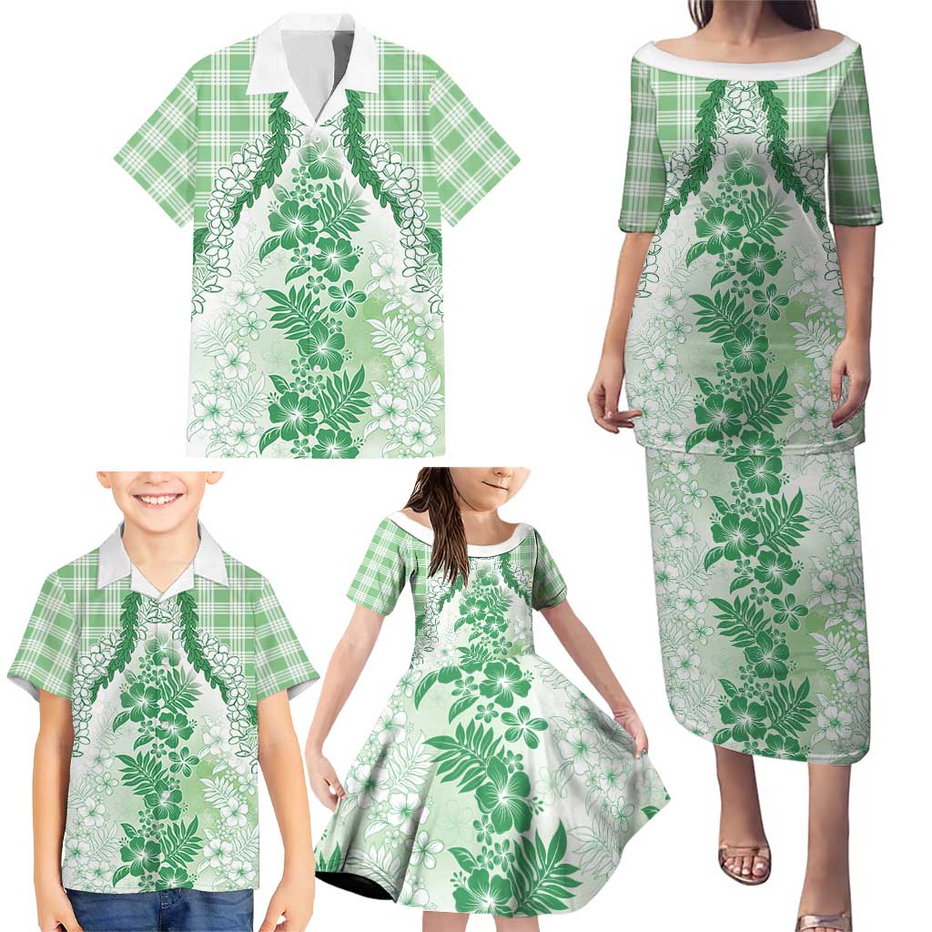 Aloha Hawaii Palaka Family Matching Puletasi and Hawaiian Shirt Green Plumeria Lei LT05 - Polynesian Pride