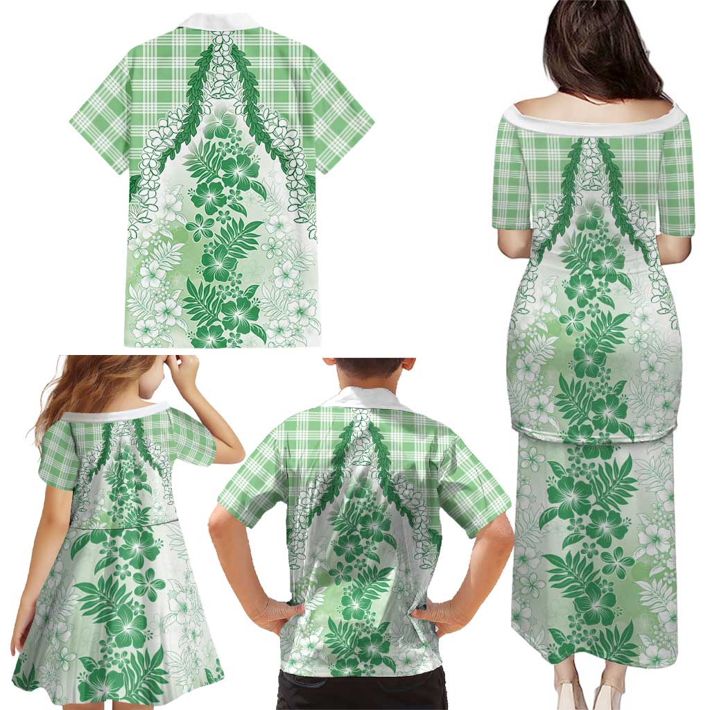 Aloha Hawaii Palaka Family Matching Puletasi and Hawaiian Shirt Green Plumeria Lei LT05 - Polynesian Pride