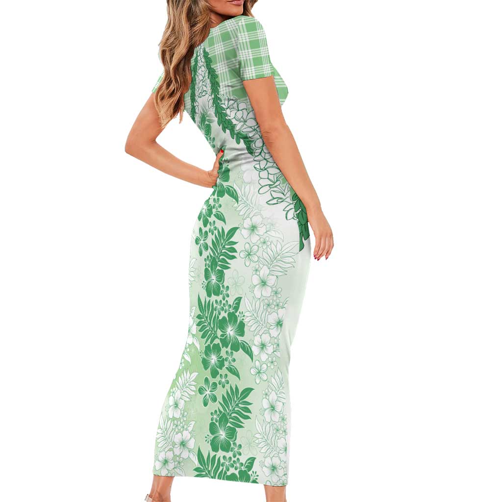 Aloha Hawaii Palaka Family Matching Short Sleeve Bodycon Dress and Hawaiian Shirt Green Plumeria Lei LT05 - Polynesian Pride