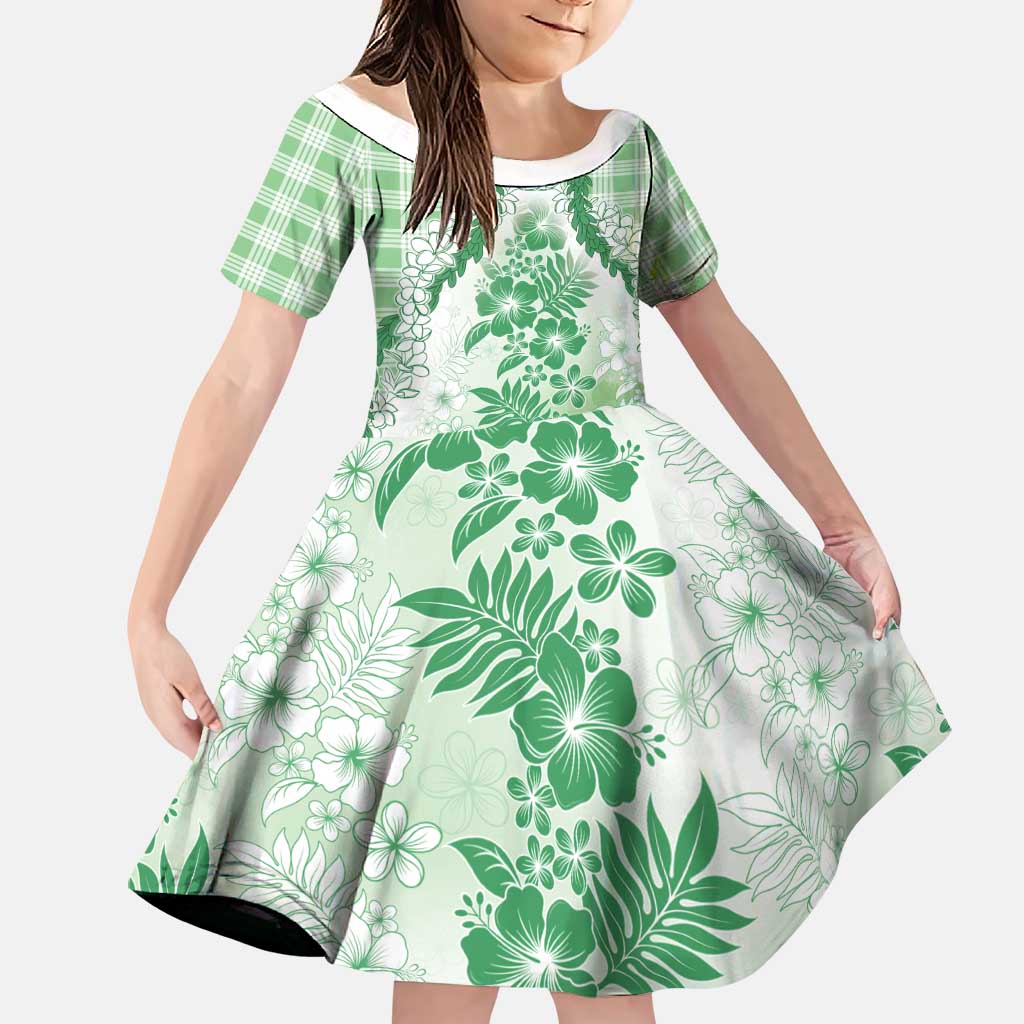Aloha Hawaii Palaka Family Matching Summer Maxi Dress and Hawaiian Shirt Green Plumeria Lei LT05 Daughter's Dress Green - Polynesian Pride