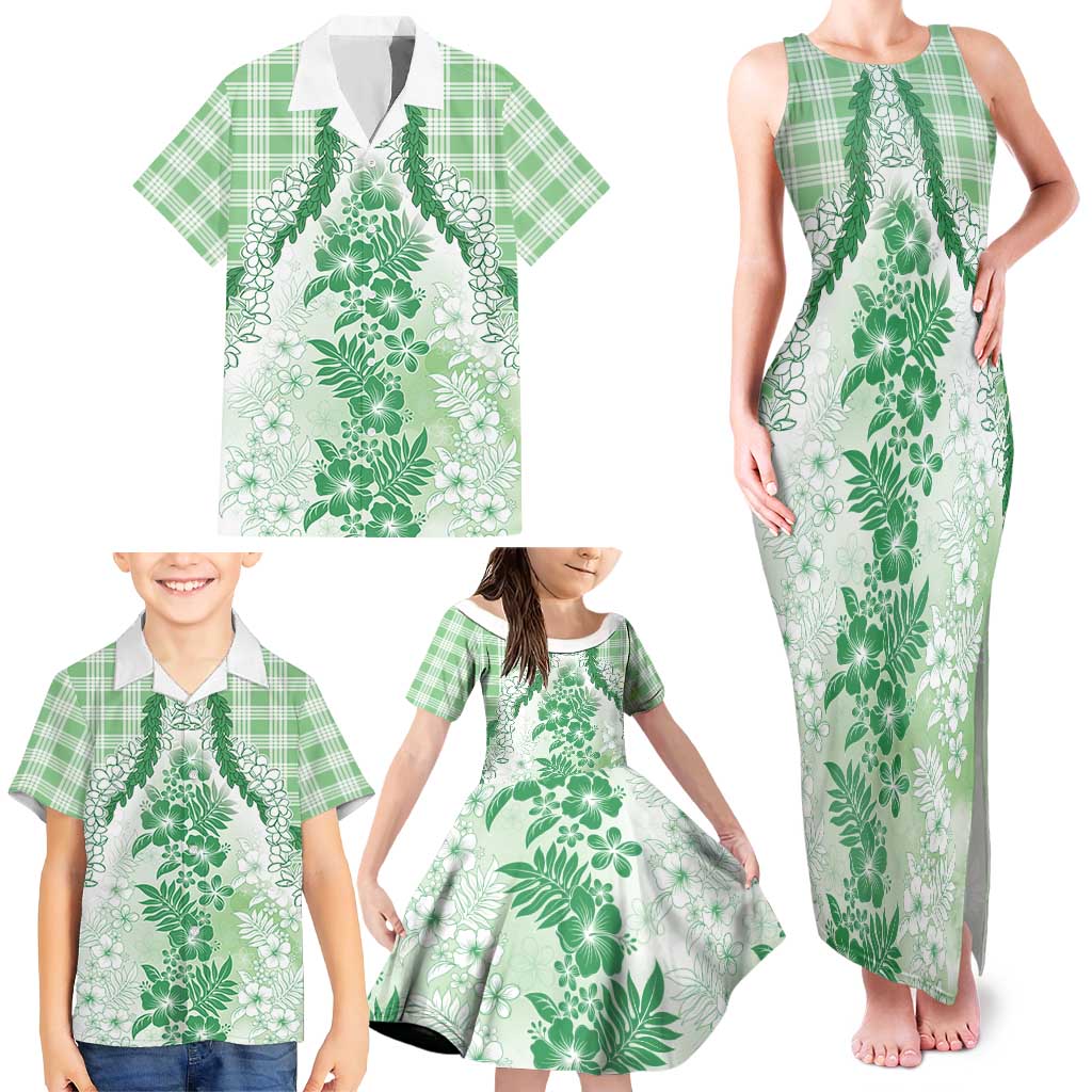 Aloha Hawaii Palaka Family Matching Tank Maxi Dress and Hawaiian Shirt Green Plumeria Lei - Polynesian Pride
