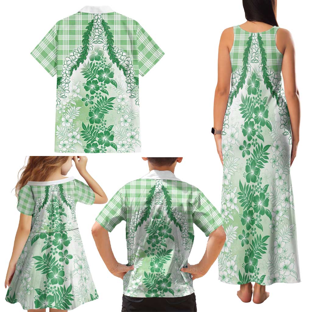 Aloha Hawaii Palaka Family Matching Tank Maxi Dress and Hawaiian Shirt Green Plumeria Lei LT05 - Polynesian Pride