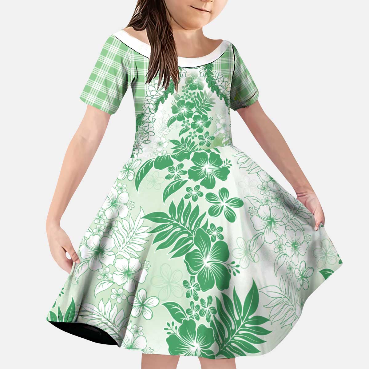 Aloha Hawaii Palaka Kid Short Sleeve Dress Green Plumeria Lei LT05 KID Green - Polynesian Pride