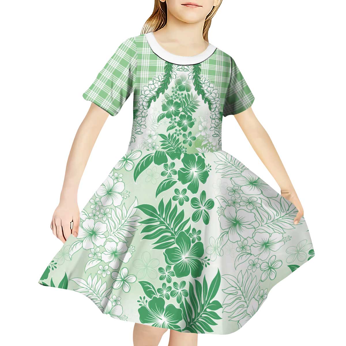 Aloha Hawaii Palaka Kid Short Sleeve Dress Green Plumeria Lei LT05 - Polynesian Pride