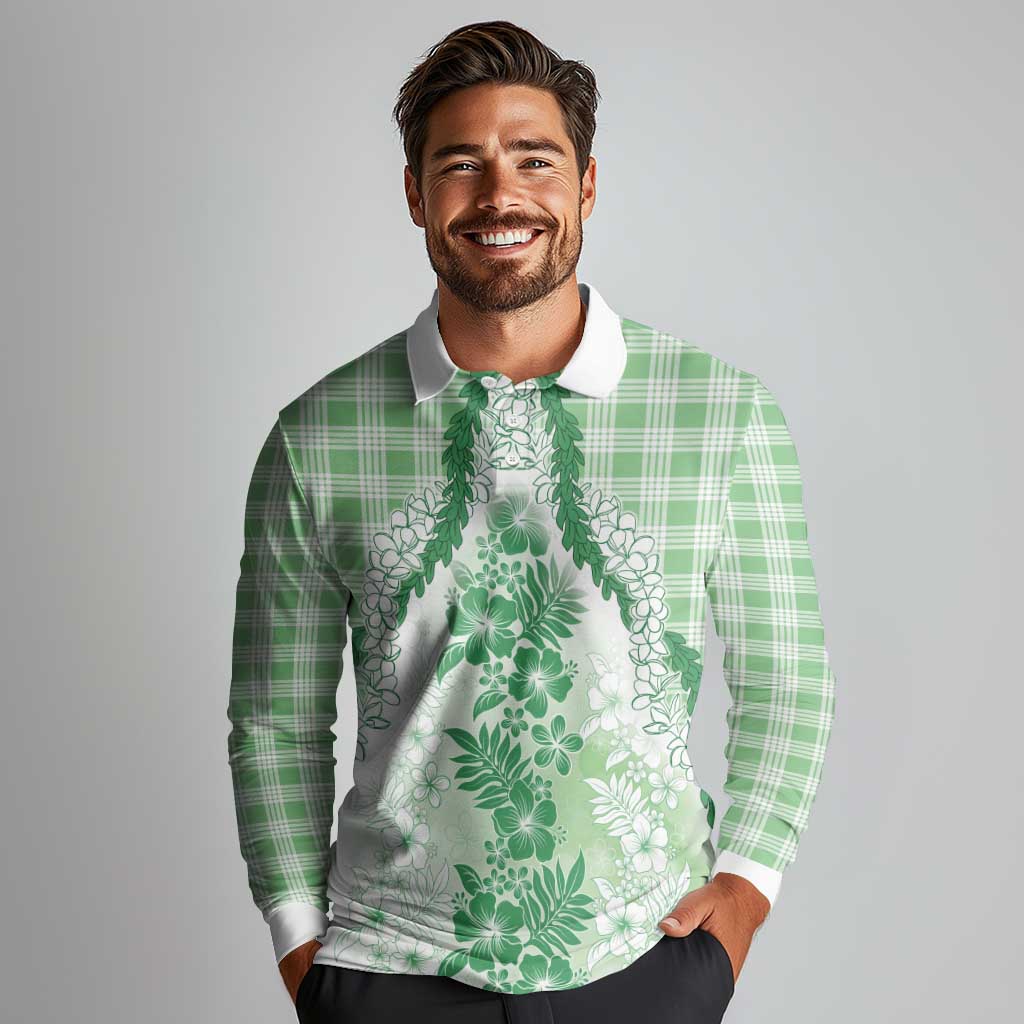 Aloha Hawaii Palaka Long Sleeve Polo Shirt Green Plumeria Lei - Polynesian Pride