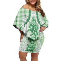 Aloha Hawaii Palaka Off Shoulder Short Dress Green Plumeria Lei - Polynesian Pride