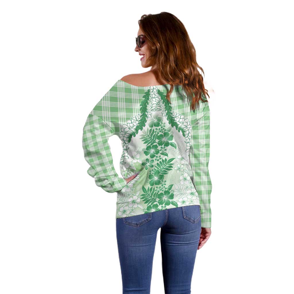 Aloha Hawaii Palaka Off Shoulder Sweater Green Plumeria Lei LT05 - Polynesian Pride
