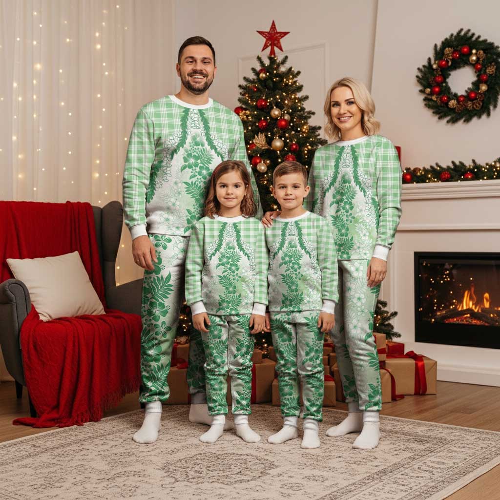 Aloha Hawaii Palaka Christmas Pajama Set Green Plumeria Lei LT05 - Polynesian Pride