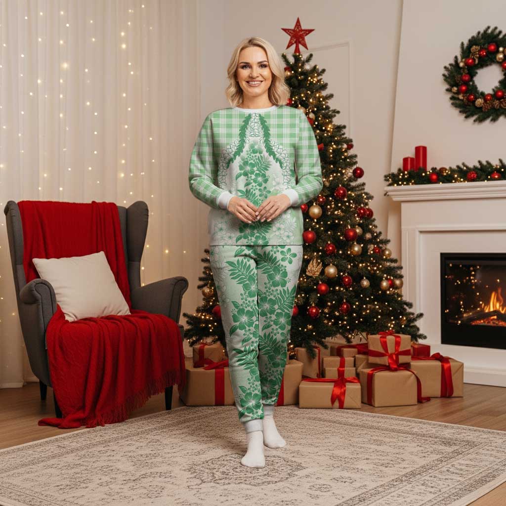 Aloha Hawaii Palaka Christmas Pajama Set Green Plumeria Lei LT05 Women Green - Polynesian Pride
