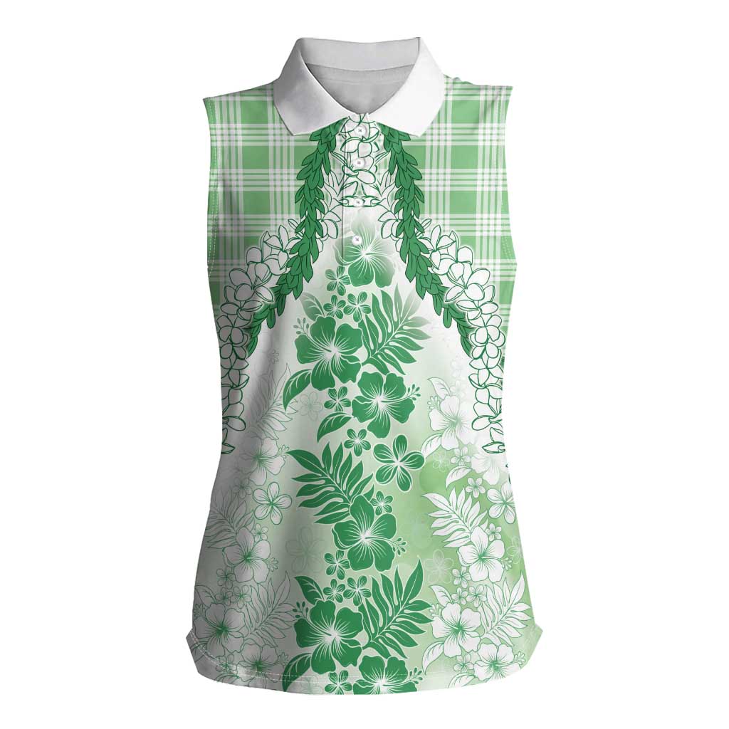 Aloha Hawaii Palaka Women Sleeveless Polo Shirt Green Plumeria Lei LT05 Female Green - Polynesian Pride