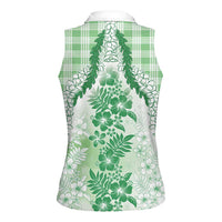 Aloha Hawaii Palaka Women Sleeveless Polo Shirt Green Plumeria Lei LT05 - Polynesian Pride