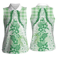 Aloha Hawaii Palaka Women Sleeveless Polo Shirt Green Plumeria Lei LT05 - Polynesian Pride
