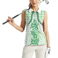 Aloha Hawaii Palaka Women Sleeveless Polo Shirt Green Plumeria Lei LT05 - Polynesian Pride