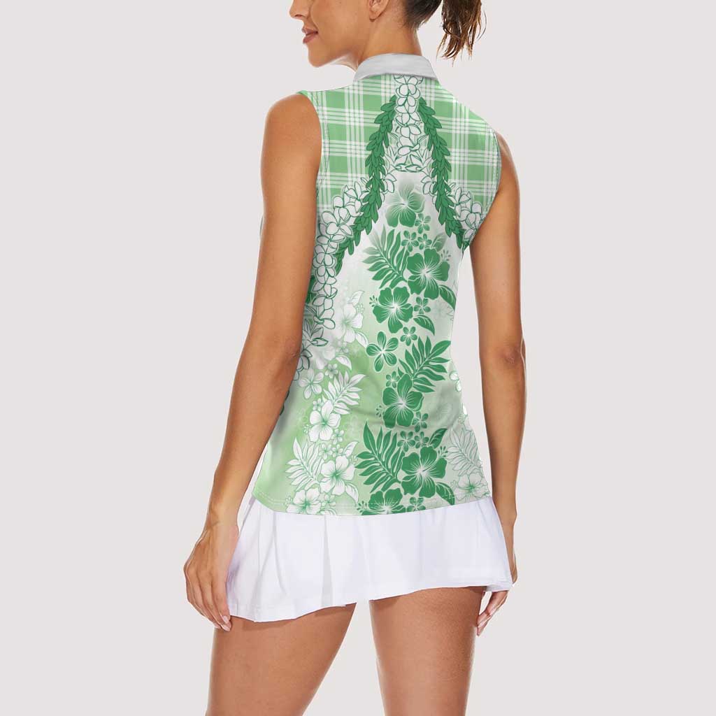 Aloha Hawaii Palaka Women Sleeveless Polo Shirt Green Plumeria Lei LT05 - Polynesian Pride
