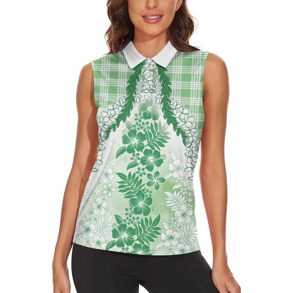 Aloha Hawaii Palaka Women Sleeveless Polo Shirt Green Plumeria Lei LT05 - Polynesian Pride