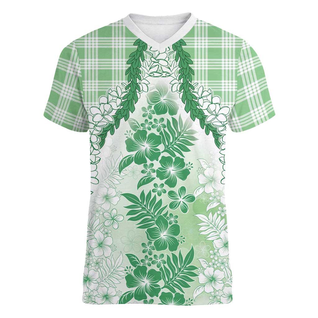 Aloha Hawaii Palaka Women V-Neck T-Shirt Green Plumeria Lei LT05 Female Green - Polynesian Pride