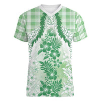 Aloha Hawaii Palaka Women V-Neck T-Shirt Green Plumeria Lei LT05 Female Green - Polynesian Pride