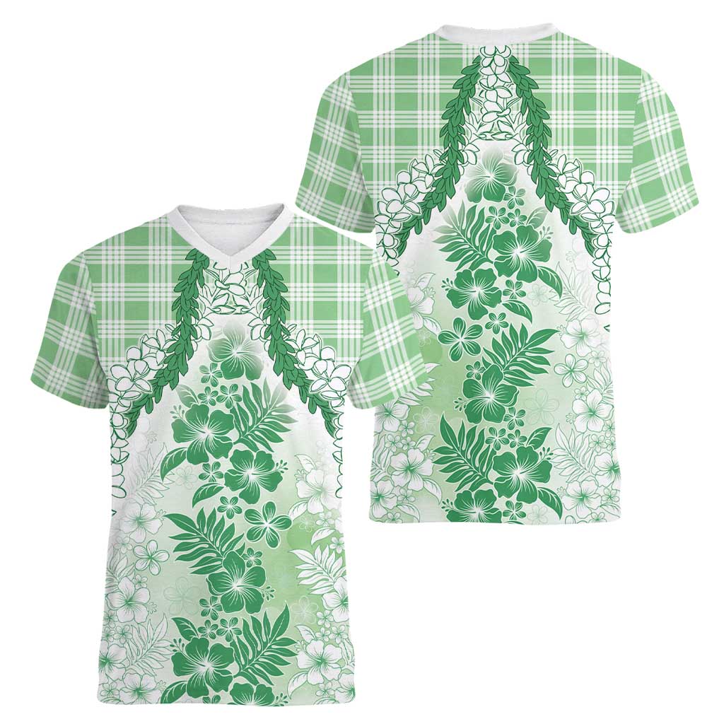 Aloha Hawaii Palaka Women V-Neck T-Shirt Green Plumeria Lei LT05 - Polynesian Pride